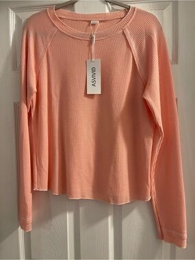 ASVIVID Women's Waffle Knit Long-Sleeve Tee- Coral/Peach